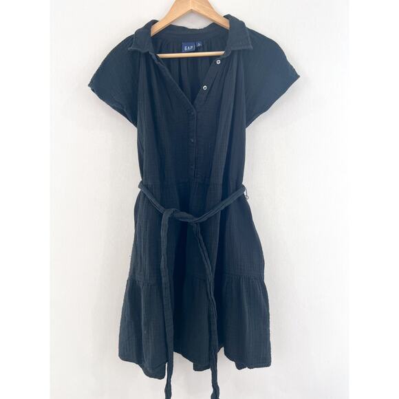 GAP Crinkle Gauze Flutter Sleeve Mini Shirtdress Black Large Belted Casual Indie - Picture 2 of 9